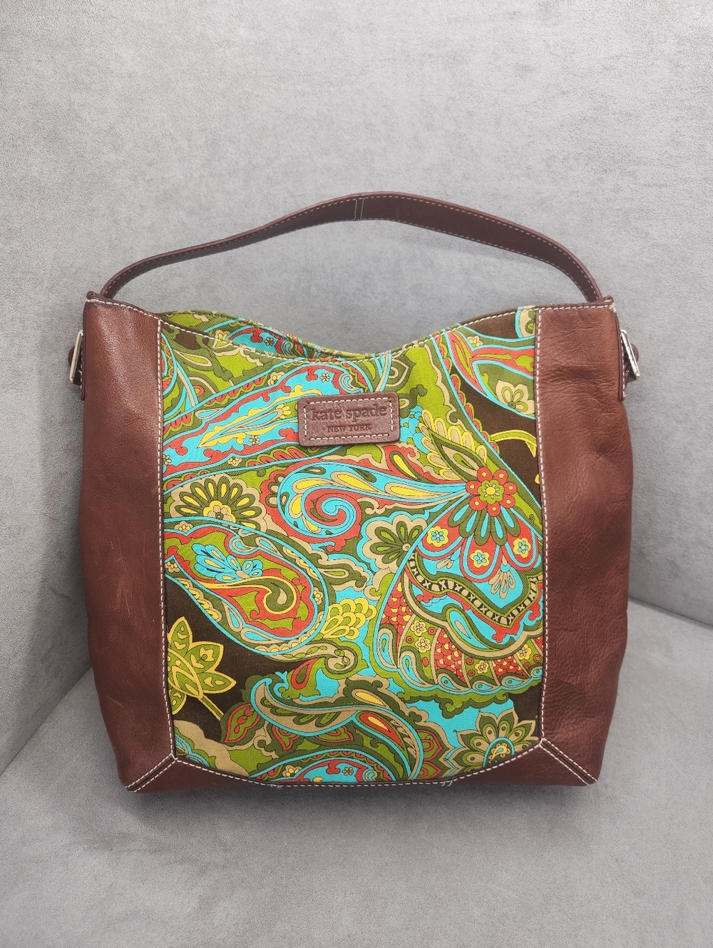 Kate Spade Hobo Bag Brown Leather Paisley Canvas Panel Logo Limited Edition Rare
